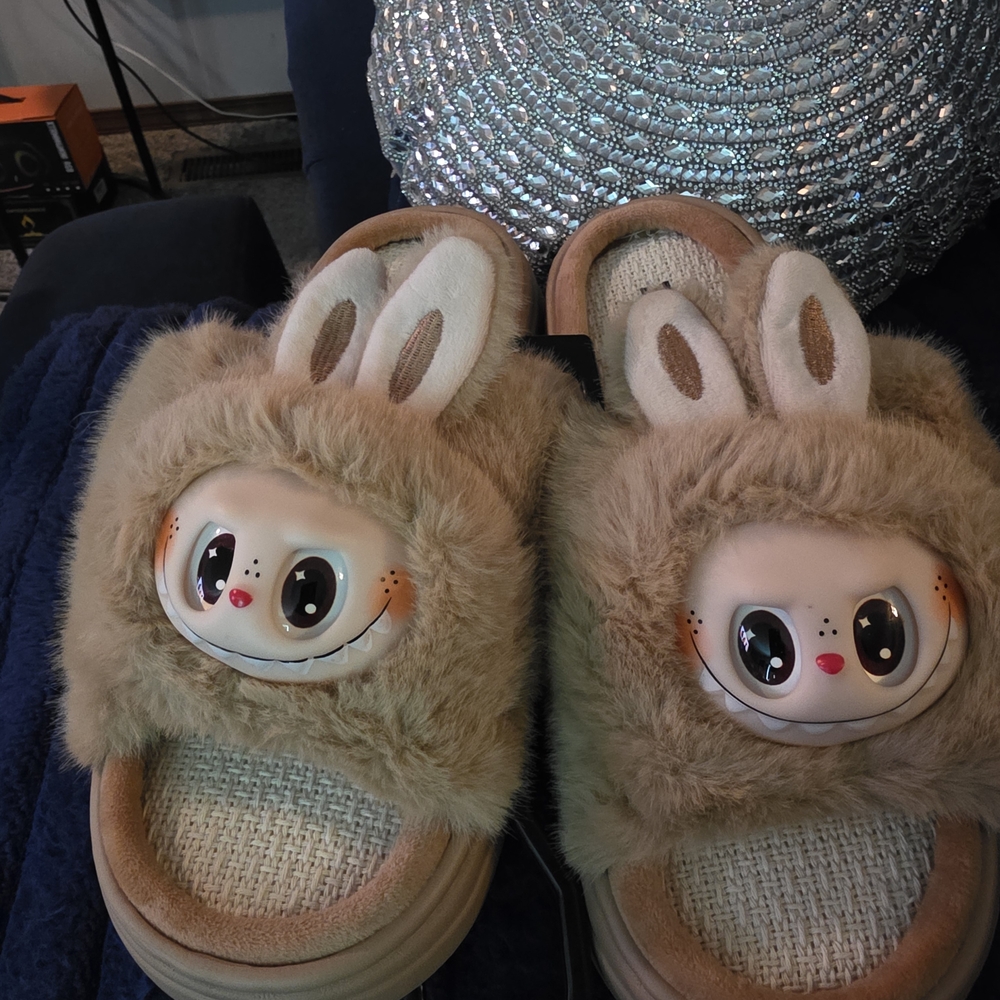 Cute Labubu Bunny Face Furry Slippers
